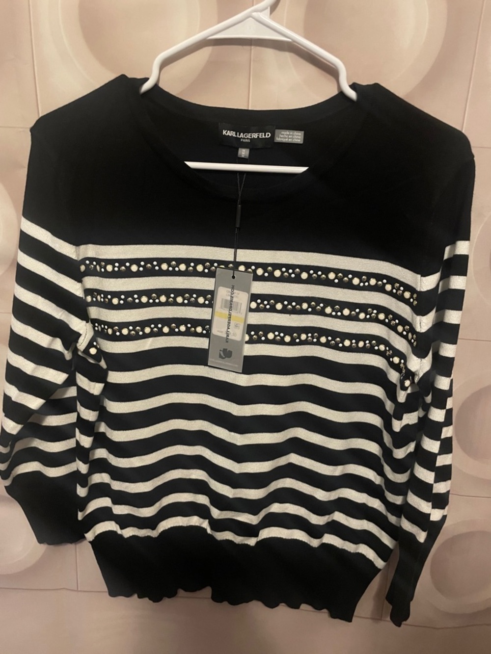 Karl Lagerfeld Black and White Striped Crew Sweater with Stud Detail